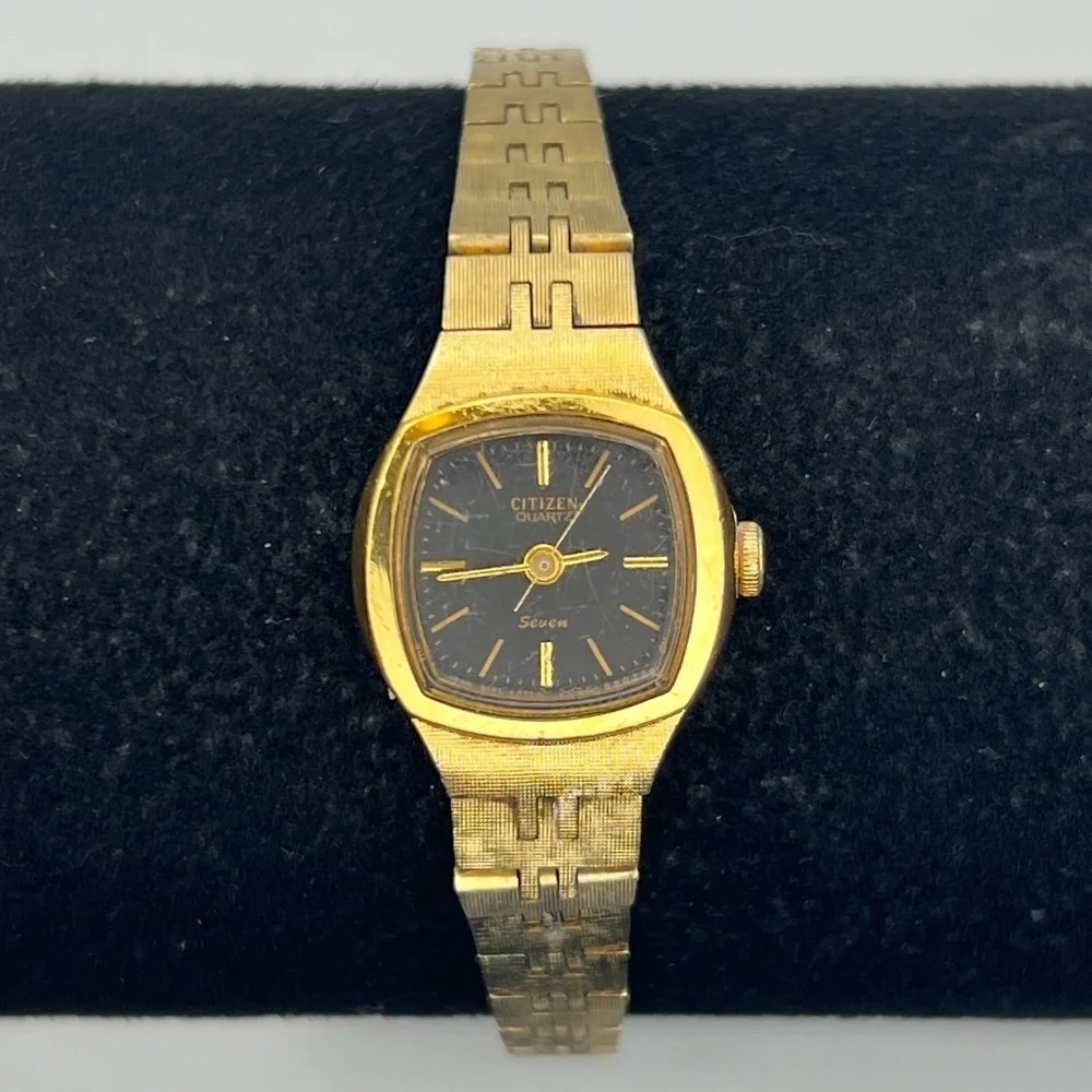 Citizen Vintage Rectangular Gold Plated Gold Black tones Ladies Watch Working